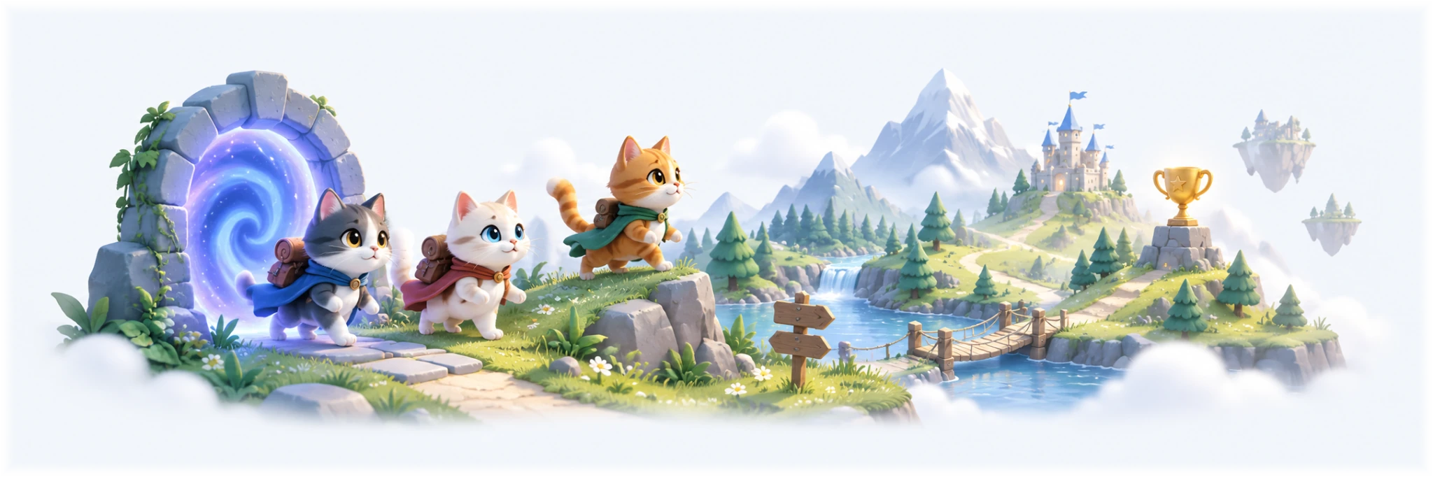 Project artwork: three travelling cats beside a glowing portal in a mountain world.